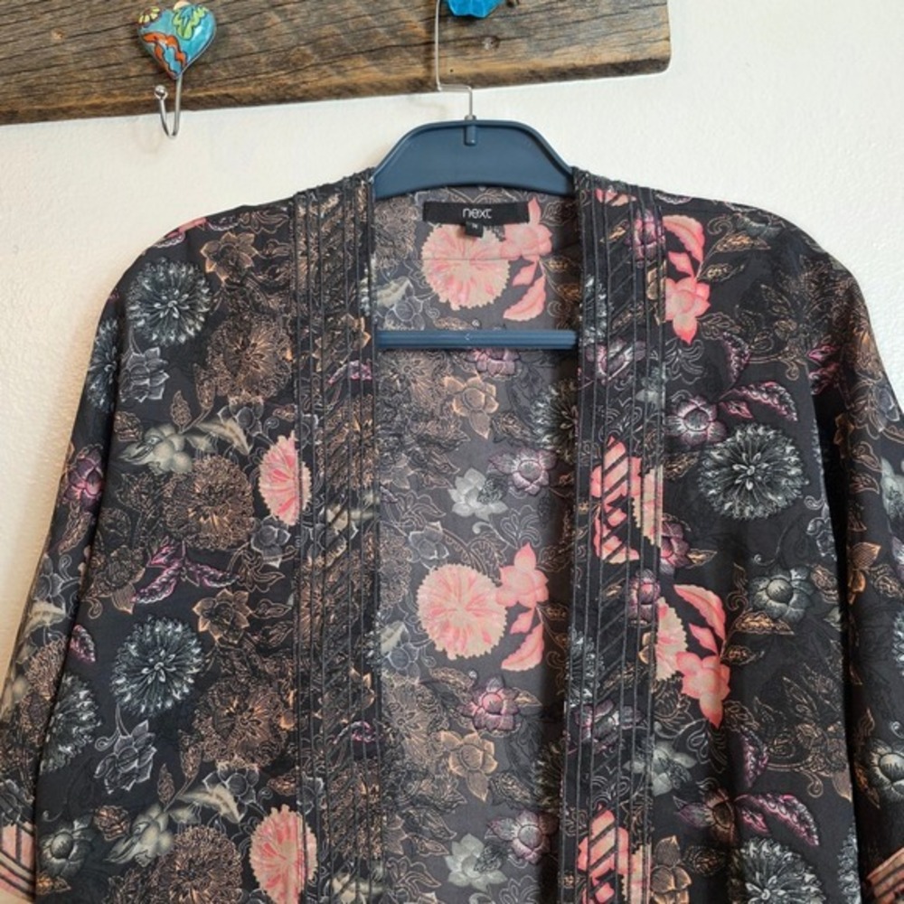 Next Floral Kimono Wrap Women 14 Black Pink Pintuck Open Front Cardigan - Picture 13 of 13